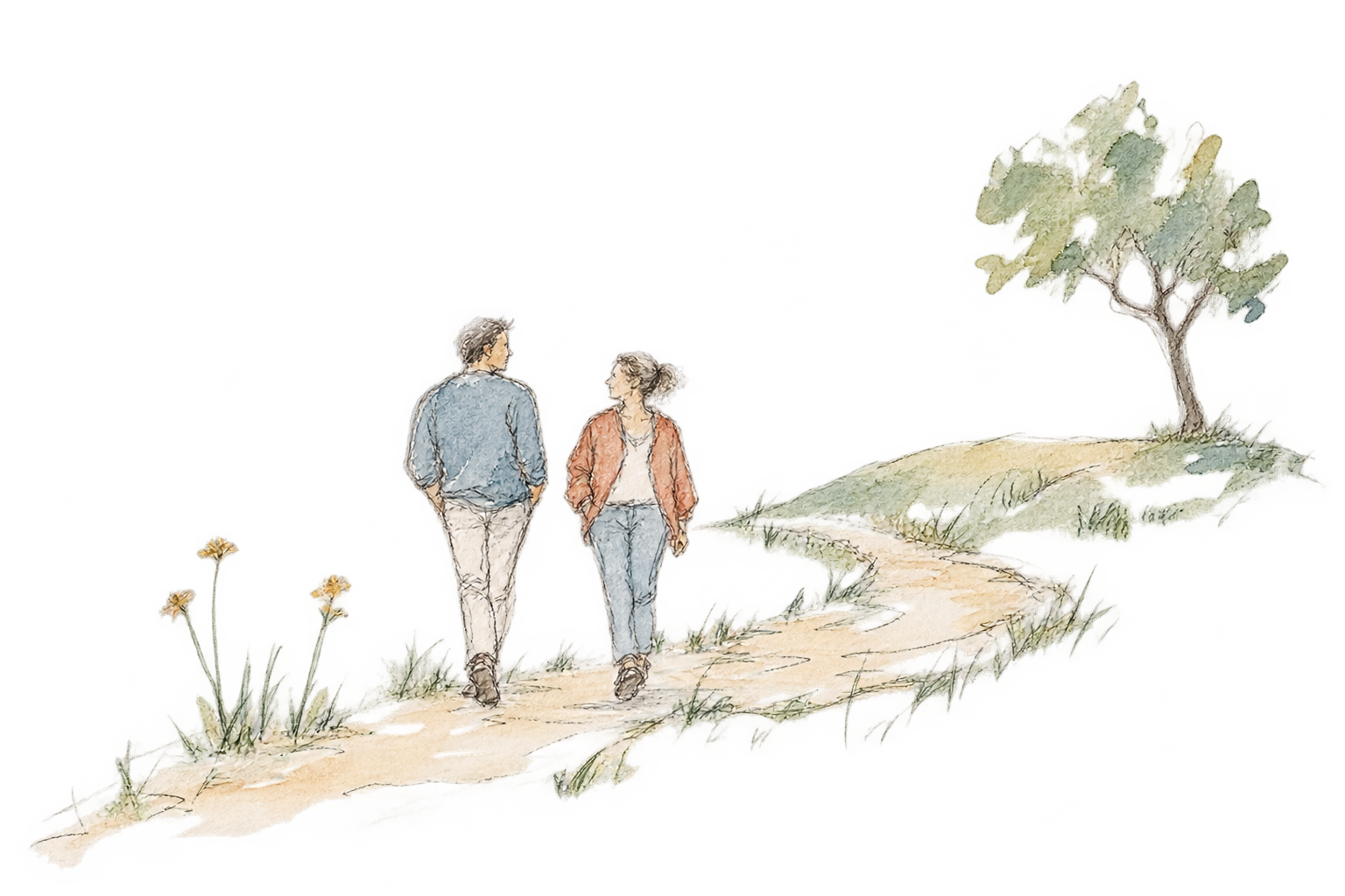 Two people walking together along a gently winding path